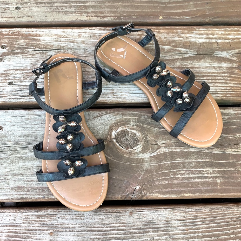 Report Black Faux Leather Beaded Flower Sandals